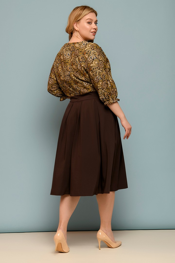 Фото товара 21160, темно-коричневое платье с принтованным верхом
