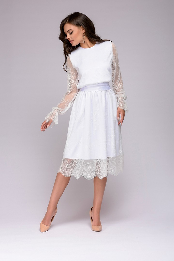 Фото товара 21190, платье белое кружевное длины миди